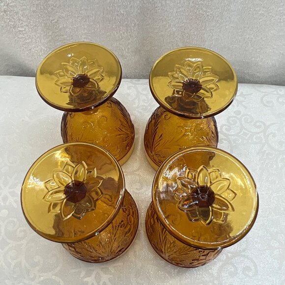 Tiara Indiana Glass Amber Goblets Sandwich Pattern Set/4 3 1/4" Diameter x 5 3/8 - Picture 3 of 3